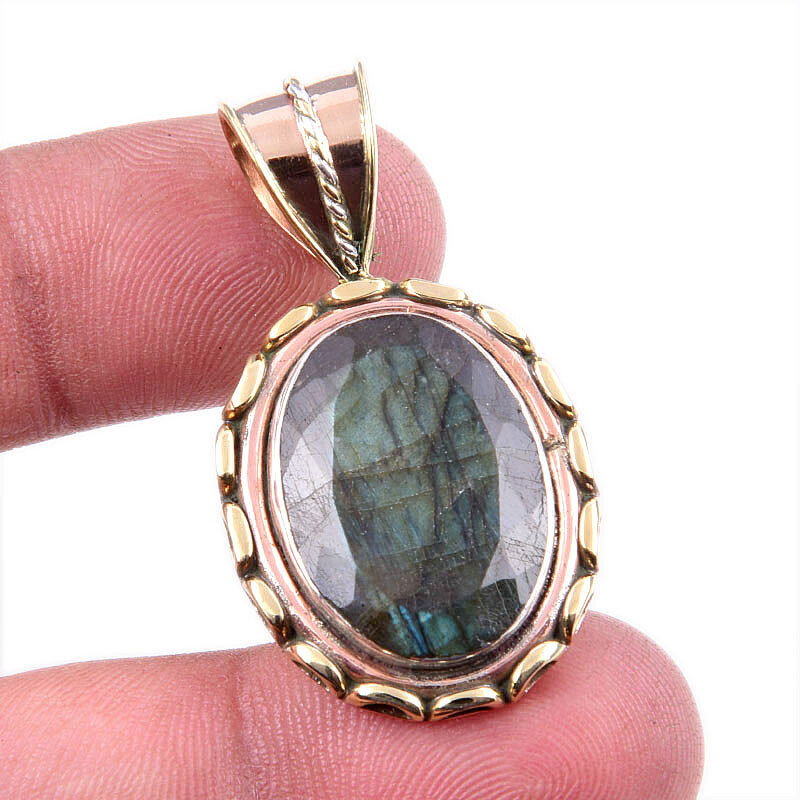Natural Labradorite Gemstone 925 Sterling Silver Two-Tone Pendant 1.5 Inch