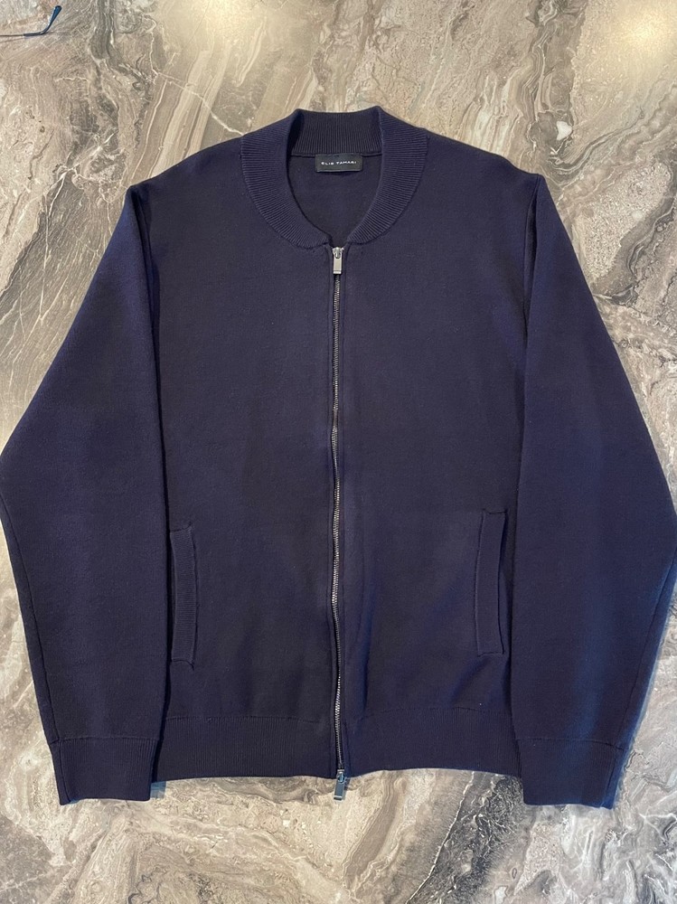 Elie Tahari Men’s XL Soft Viscose Blend Zip Up Knit Bomber Style in Navy Blue
