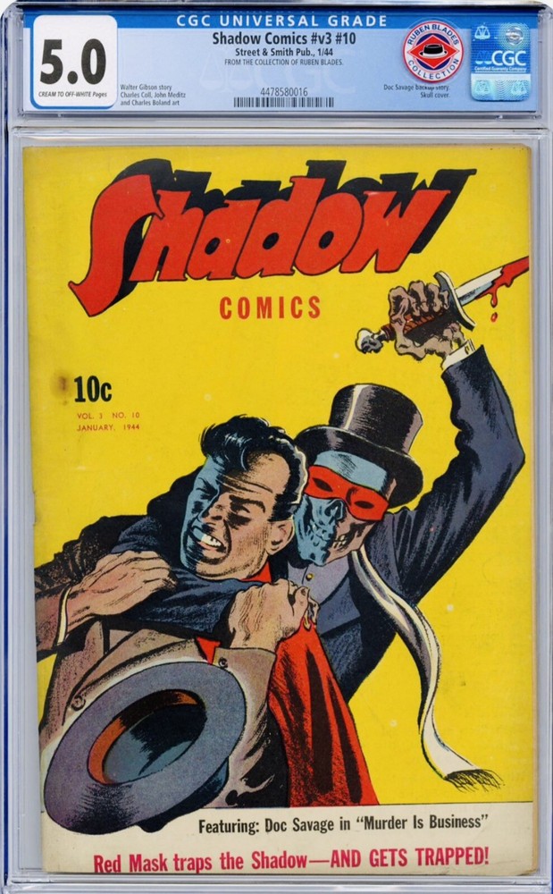 💀Shadow Comics V3 #10,1944 CGC 5.0 Fine, Chilling Bloody🩸Skull Cvr, Blades