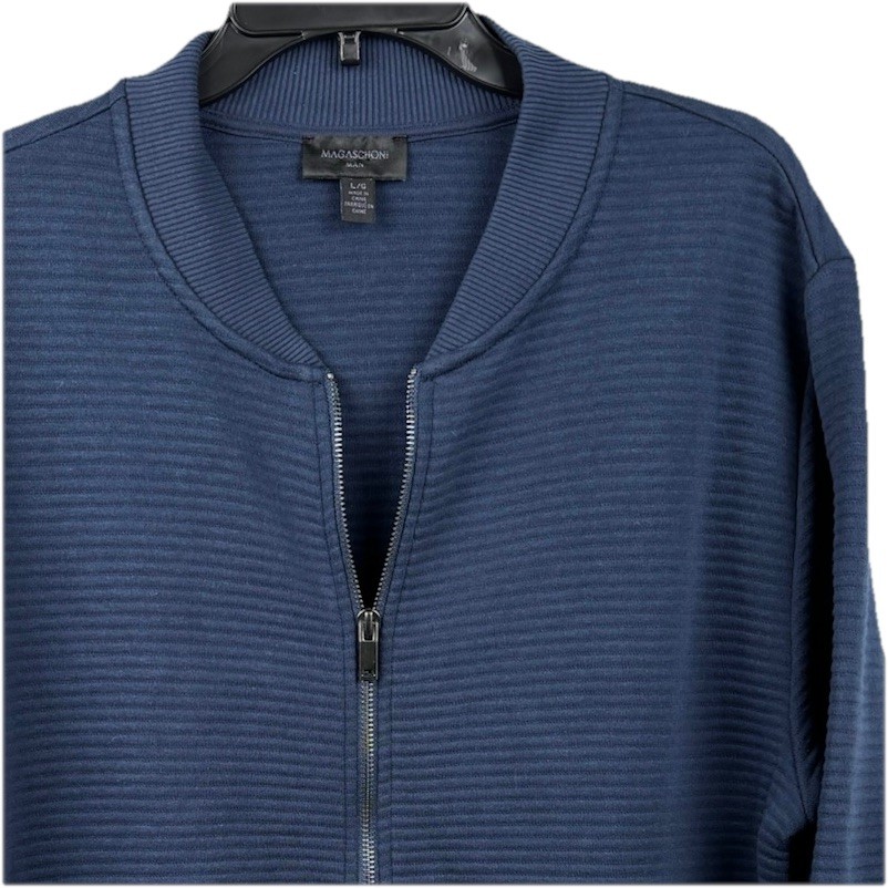 Magaschoni Mens Navy Rib Knit Zip Jacket with Pockets Size Large EUC