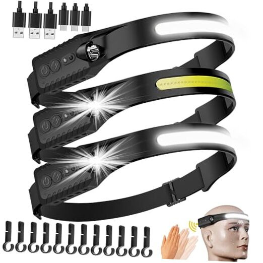 Rechargeable LED Headlamp 3 Packs,COB230° Wide Beam Headlamps, 5 Black-3pcs