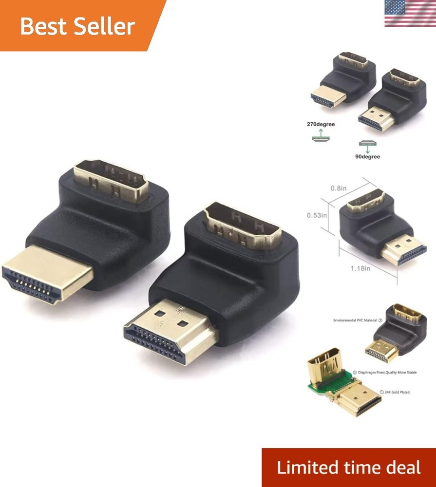 90/270 Degree HDMI Adapter 2-Pack - Right Angle Male to Female L-Shaped Connectors