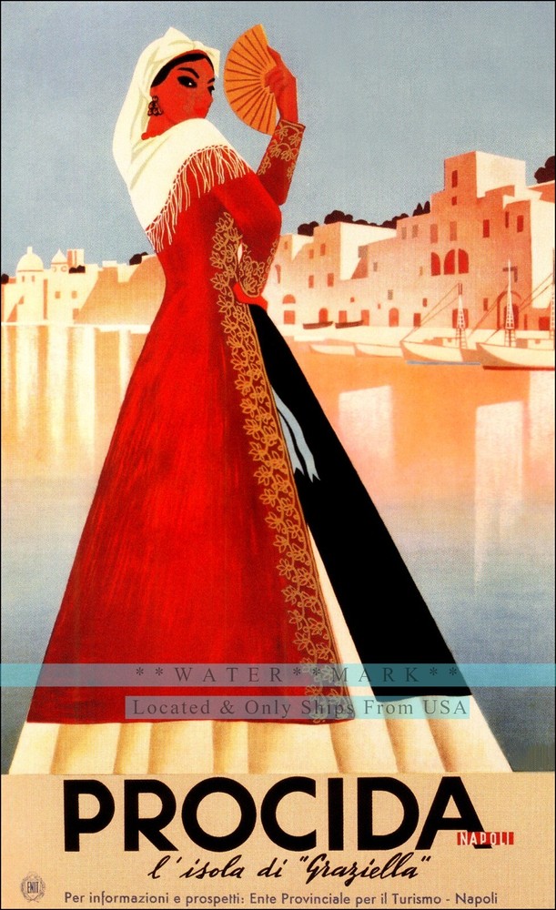 Procida 1952 Italy Bay Of Naples Vintage Poster Print Retro Style Wall Art