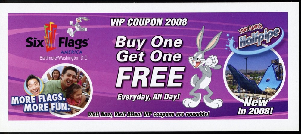 Six Flags VIP 2008 Coupon (Expired) Baltimore, DC w/ Bugs Bunny & Tony Hawk-image