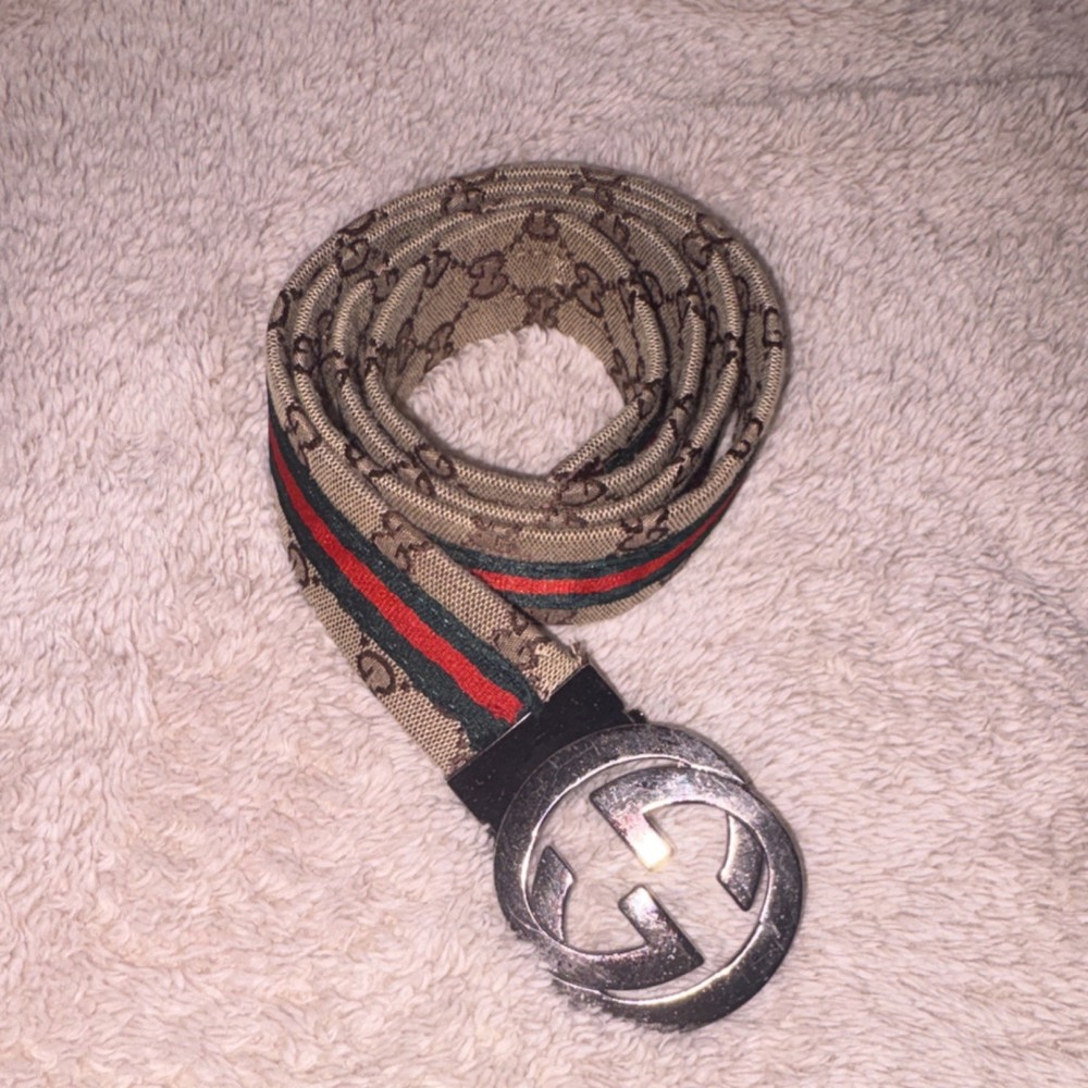 Gucci Beige Women's Fashion Belt Logo Buckle Red-Green Stripe Designer