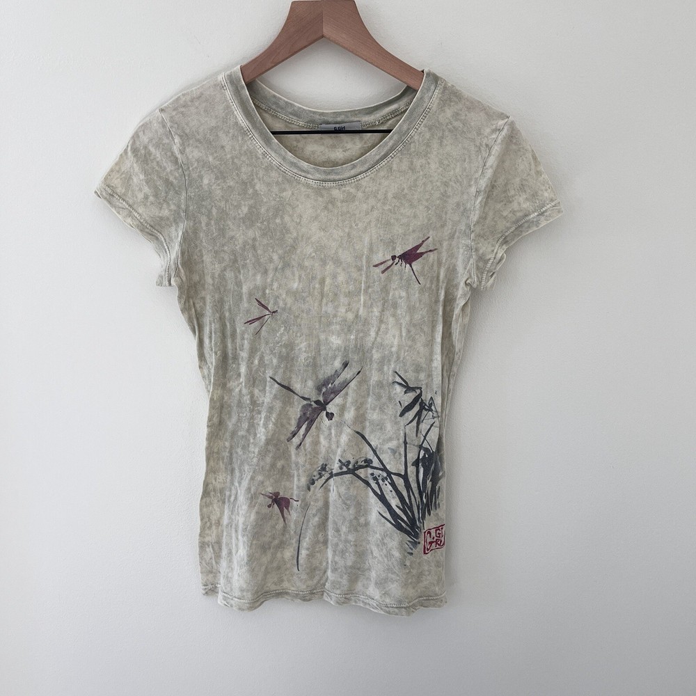 G. Girl Womens Cream Beige 90s Y2K Stretch Short Sleeve T-Shirt Dragonfly Small