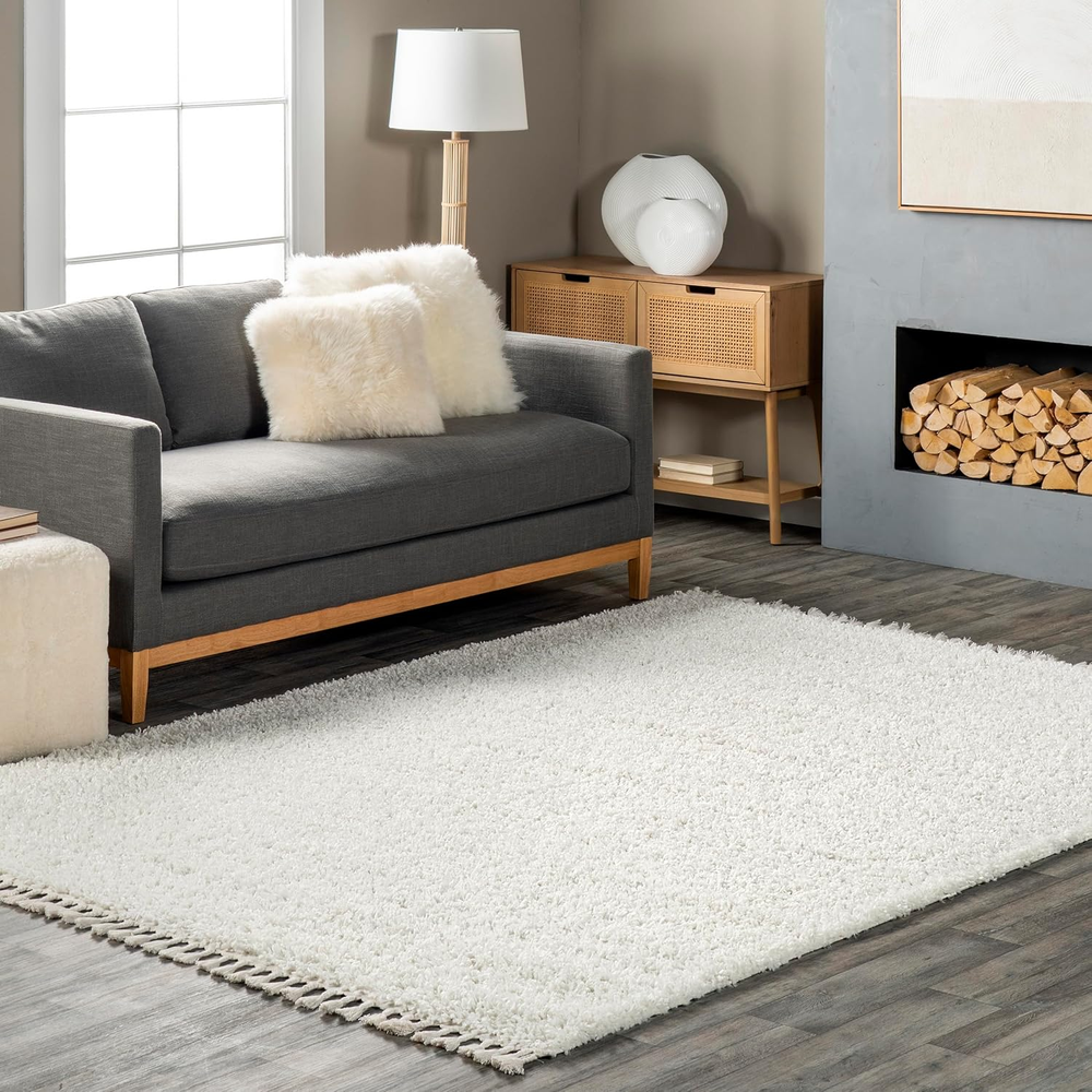 Neva Modern Ivory Shag Rug with Tassels 7x9 Soft Plush