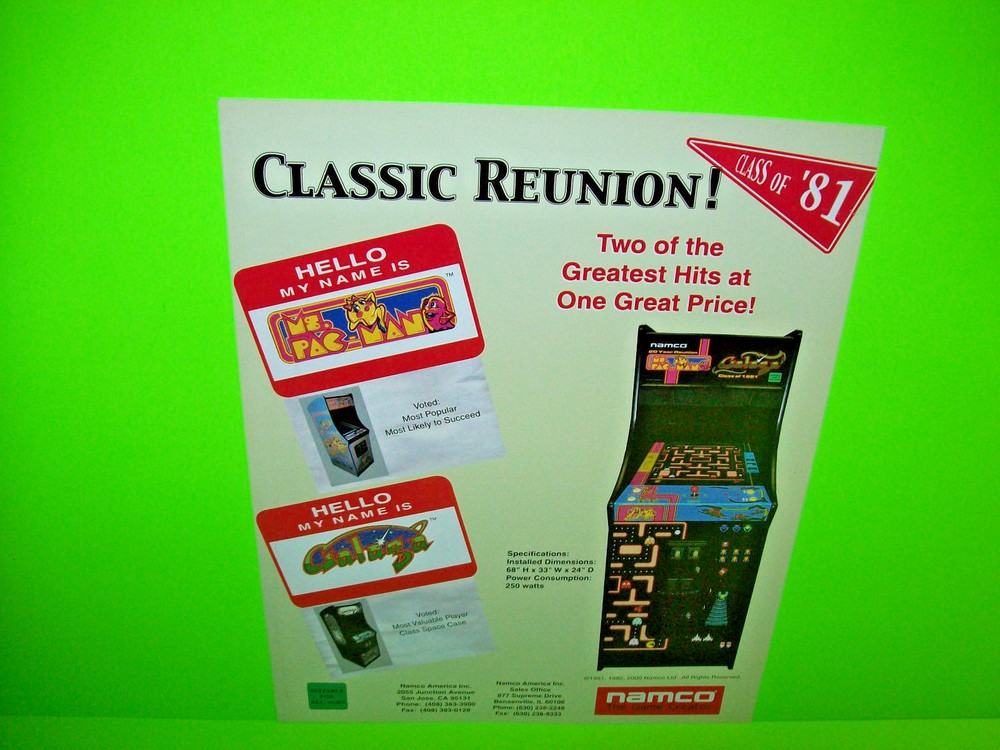 Ms Pacman Galaga Classic Reunion 2000 NOS Video Arcade Game Sales Flyer #2