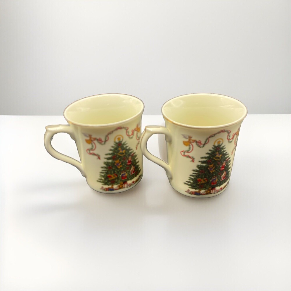 Vintage Lenox 2001 Fine Porcelain Christmas Tree Mug Cup Set of 2 (Two)  3 3/4