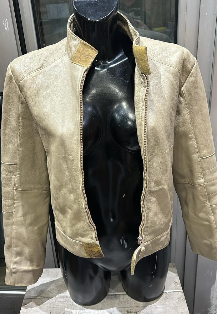 Vintage Beige Leather Jacket for Women Size 48 LLD502 Distressed Style