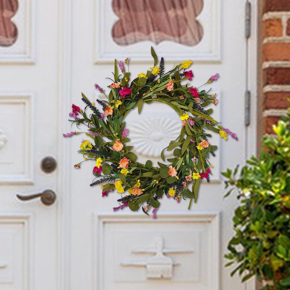 Artificial Daisy Flower Wreath with Green Leaves for Spring Front Door Decor  
