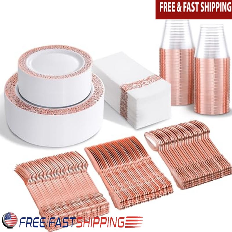 Rose Gold Plastic Plates Cutlery Napkins Set 350PCS Disposable Dinnerware Party