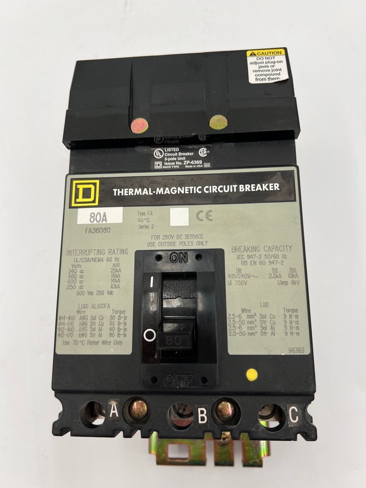 Square D FA36080 I-Line Circuit Breaker 80A 3P 600V 3PH FA 80 Amp 3 Pole Used