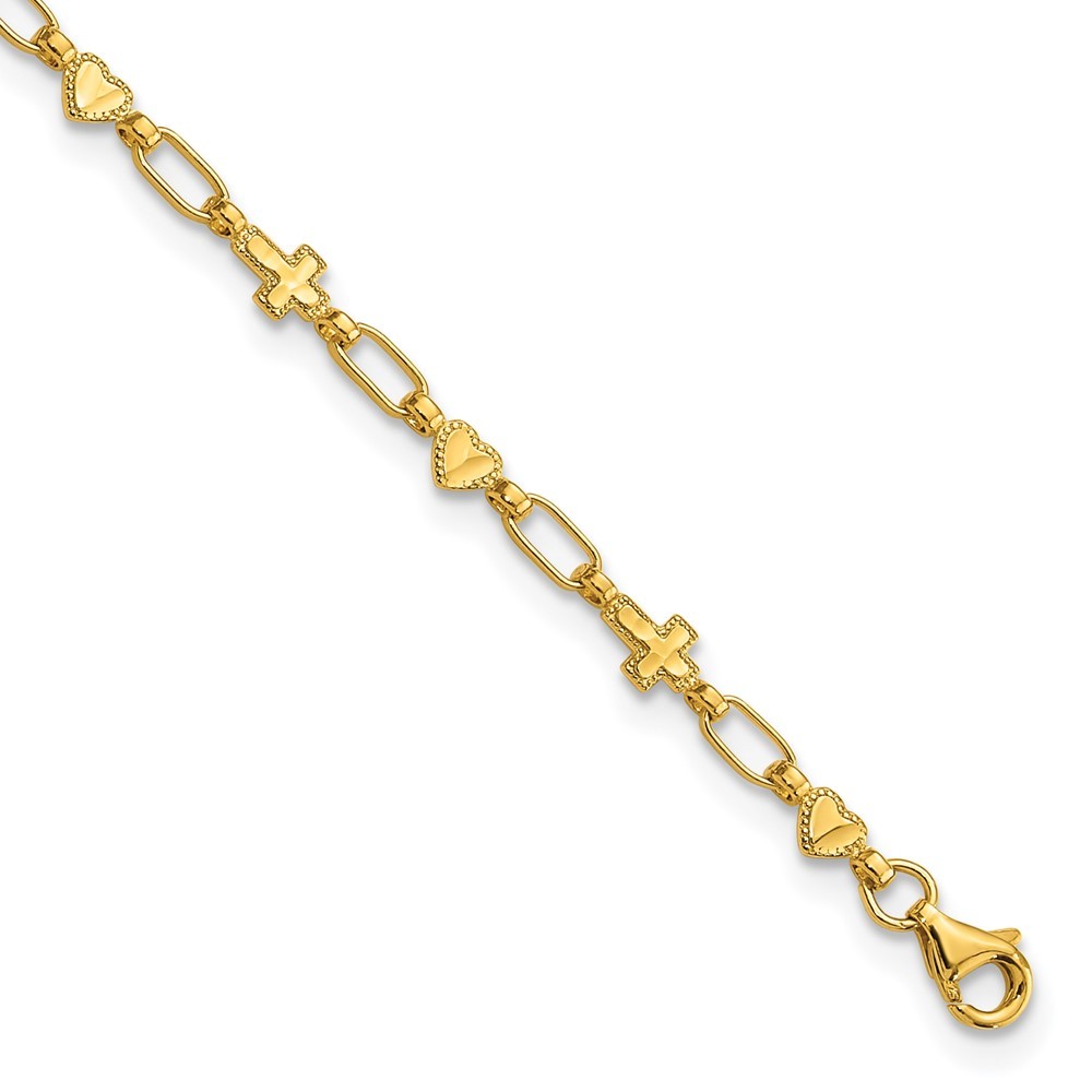 Sterling Silver Gold-Tone Heart and Cross Anklet 10 Inch 3.56g for Women