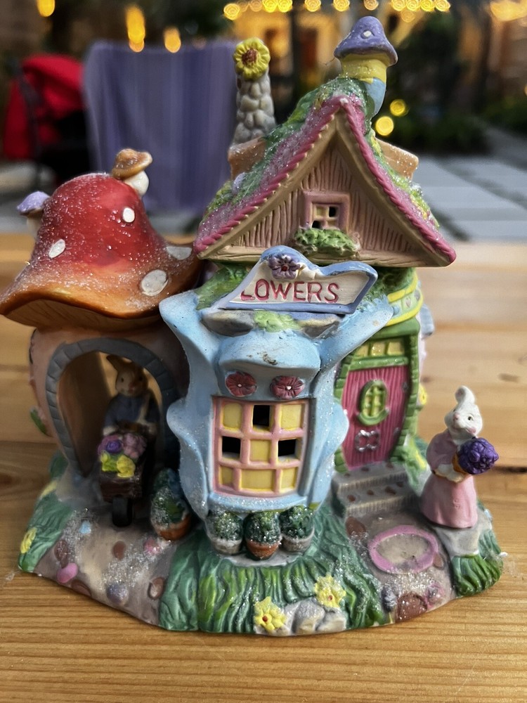 Easter Bunny Rabbit Lighted Ceramic Village Flower Store Bunnies Rabbits Glitter