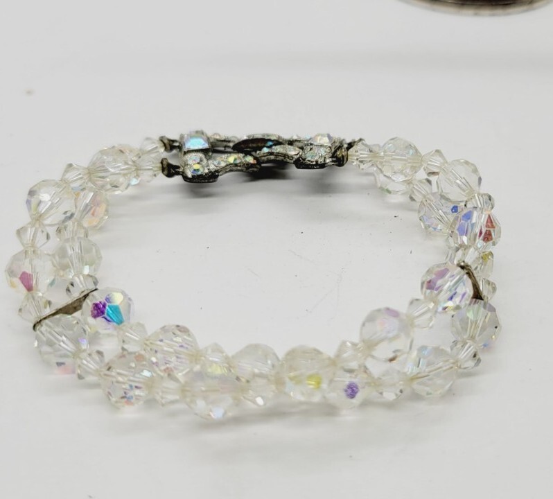 Vintage Aurora Borealis Crystal Layered Beaded Bracelet 2 Row