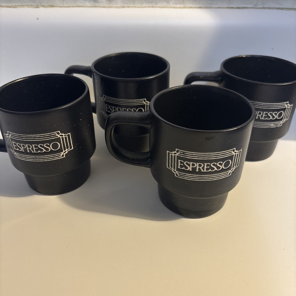 Stackable Espresso Cups 3.5oz - Set of 4 in Black Metal Stand