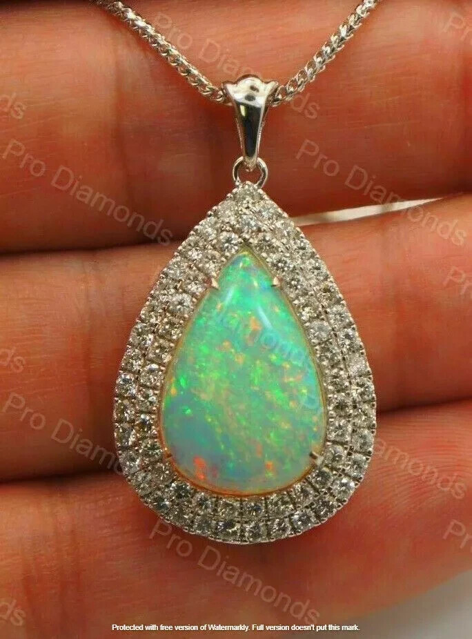 2.50Ct Pear Cut Fire Opal Double Halo Pendant Necklace 14K White Gold Finish