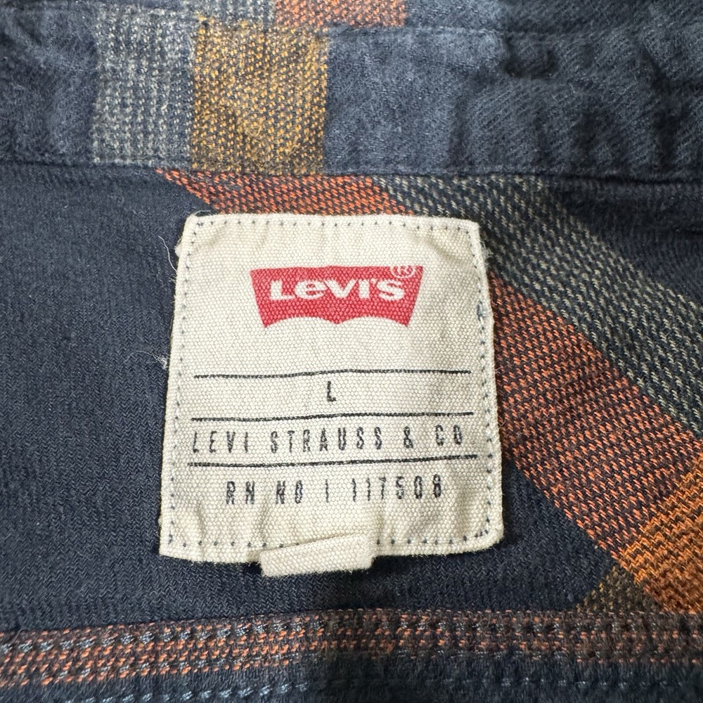 Levi's Men Button Up Shirt Large Brown Blue  Flannel Pockets Collar