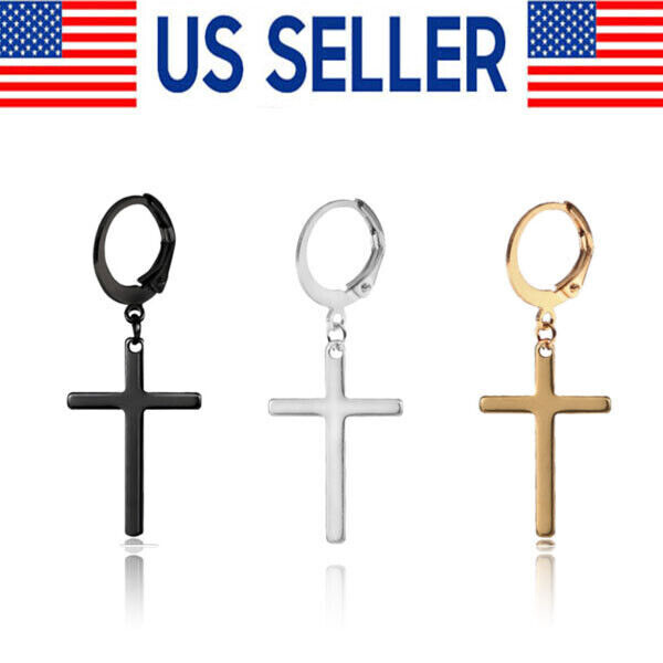 Men's Stainless Steel Cross Dangle Huggie Hoop Earrings for Pierced Ears