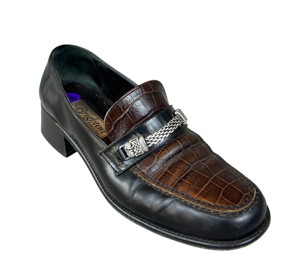 Brighton Women's Dawn Brown Black Italian Croc Embossed Heeled Loafers Size 8