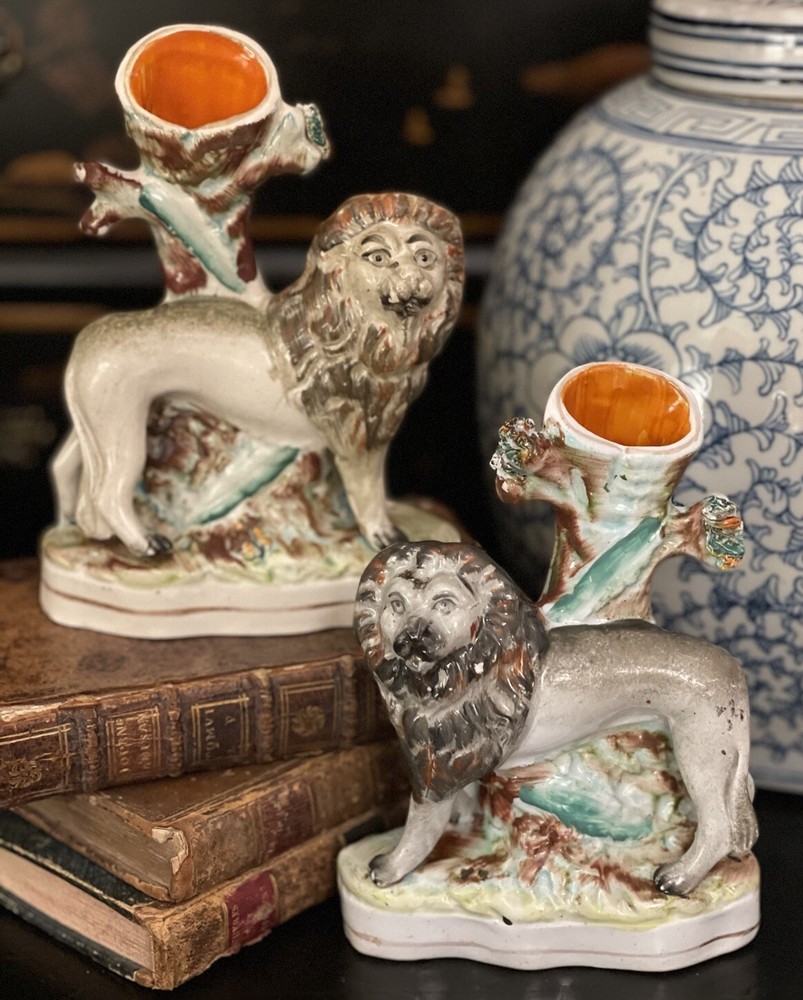 19C English Staffordshire African Lion Mantle Cat Spill Vase Pair Parr c1850