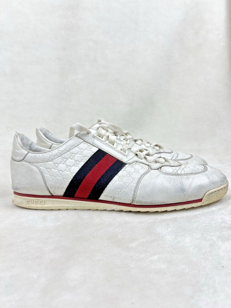 Gucci Micro Guccissima 233334 Men's White Leather Web Low Top Sneakers Size 9 G