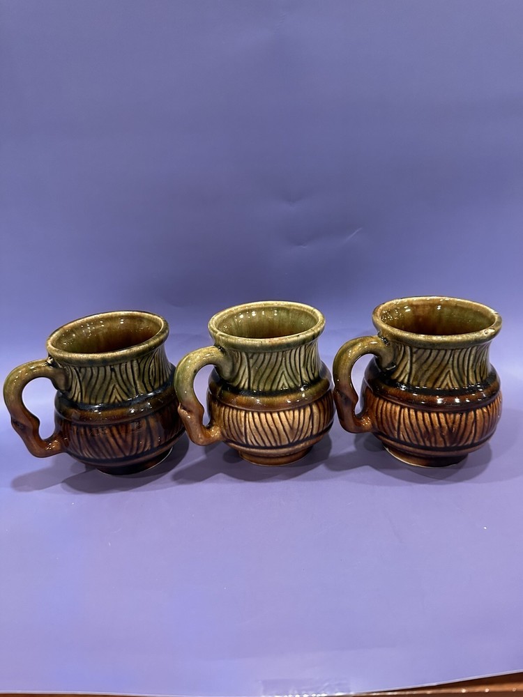 Vintage Set 3 Wood Barrel Ceramic Mugs From The 70’s Hand Made 4”