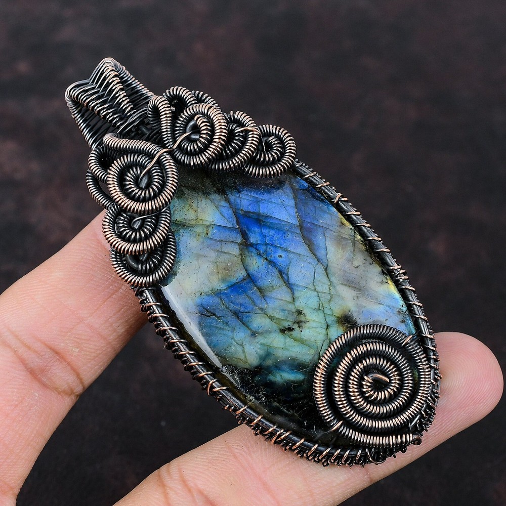 Mothers day Sale Oval Labradorite Gemstone Copper Wire Wrapped Sister Pendant
