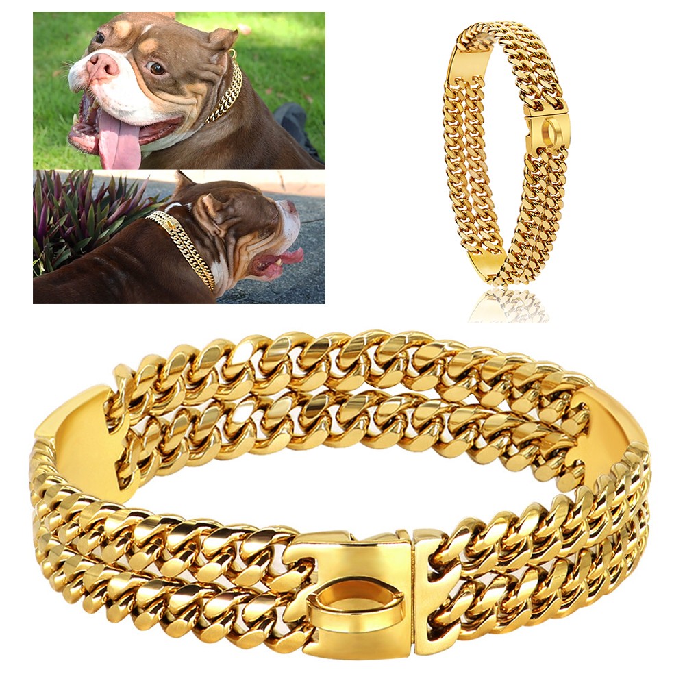 Double Gold Chain Dog Collar Heavy Duty Pet Cuban Link Stainless Steel 40-60cm;
