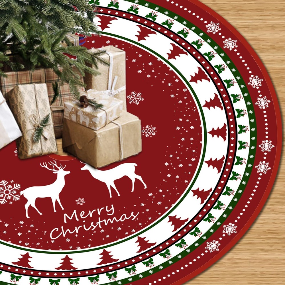 Christmas Tree Skirt 48 Inch, Red and Green Xmas Tree Mat with Winter Snowfla...