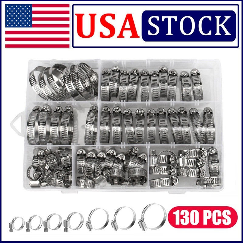 130pcs Stainless Steel Worm Gear Hose Clamps Set - 7 Sizes Adjustable for Secure Fit