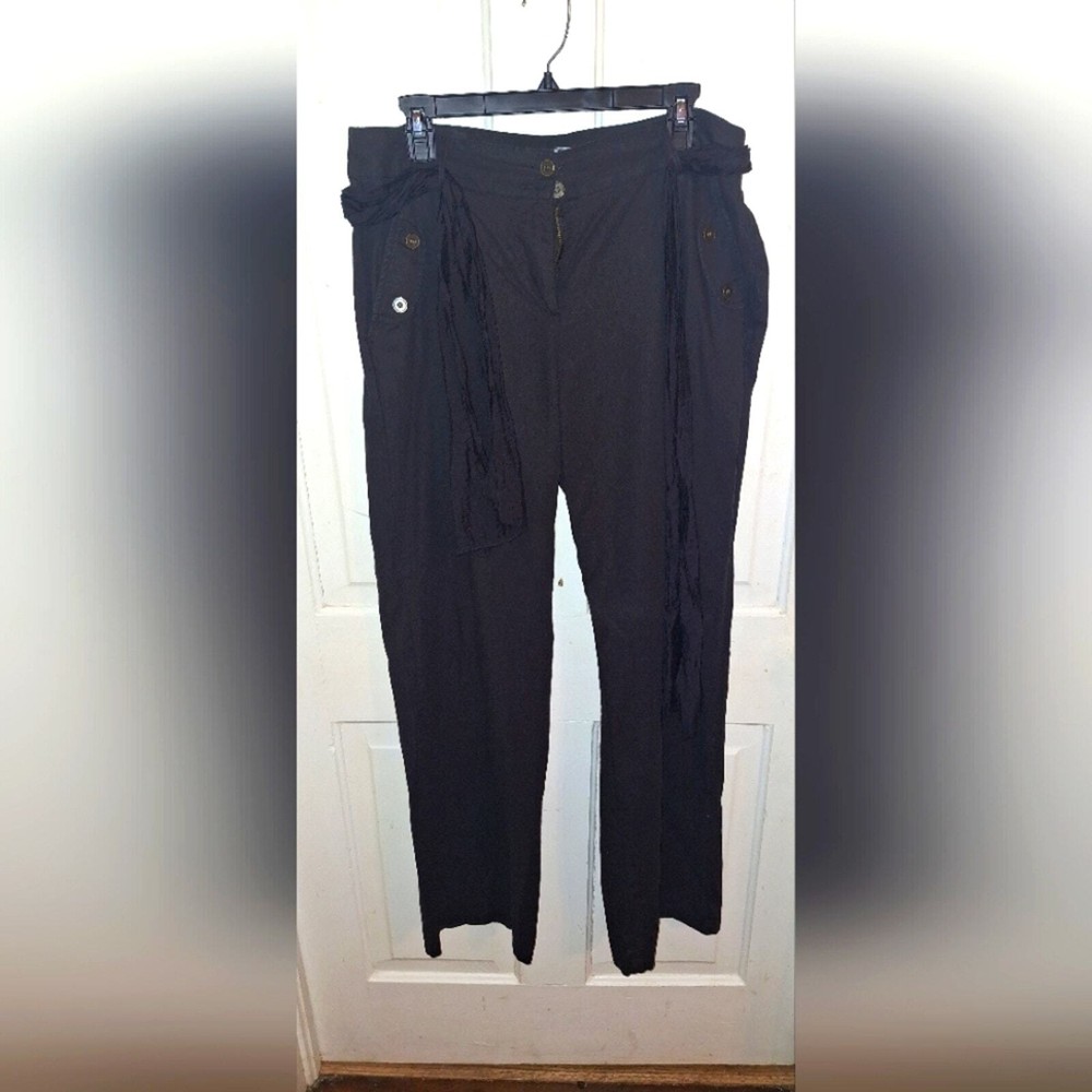 Venus Linen Cotton Blend Black Waist Tie Wide Leg Pant Size 12 Travel Vacation