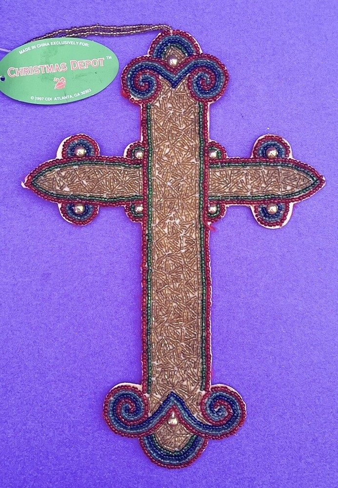 Large Red Gold Blue Beaded Cross Christmas Ornament 9 Inch Velvet Back Holiday Decor-image
