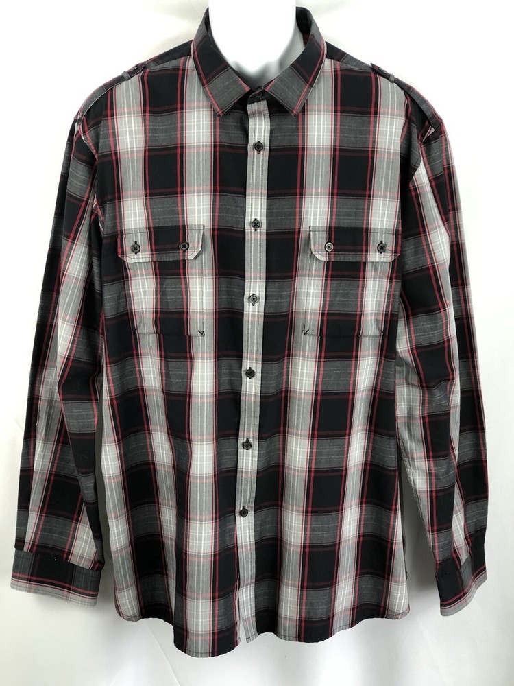 Alfani Button Up Shirt XXL Blk Red Plaid Tartan Longsleeve Pockets Western 90's