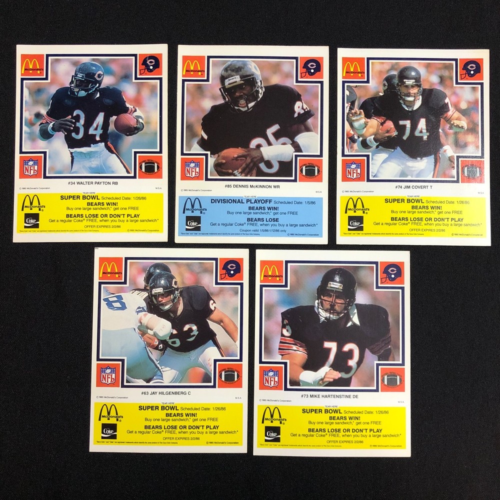 1985 Chicago Bears McDonalds Super Bowl Vintage Coupon Trading Cards Lot of 5-image