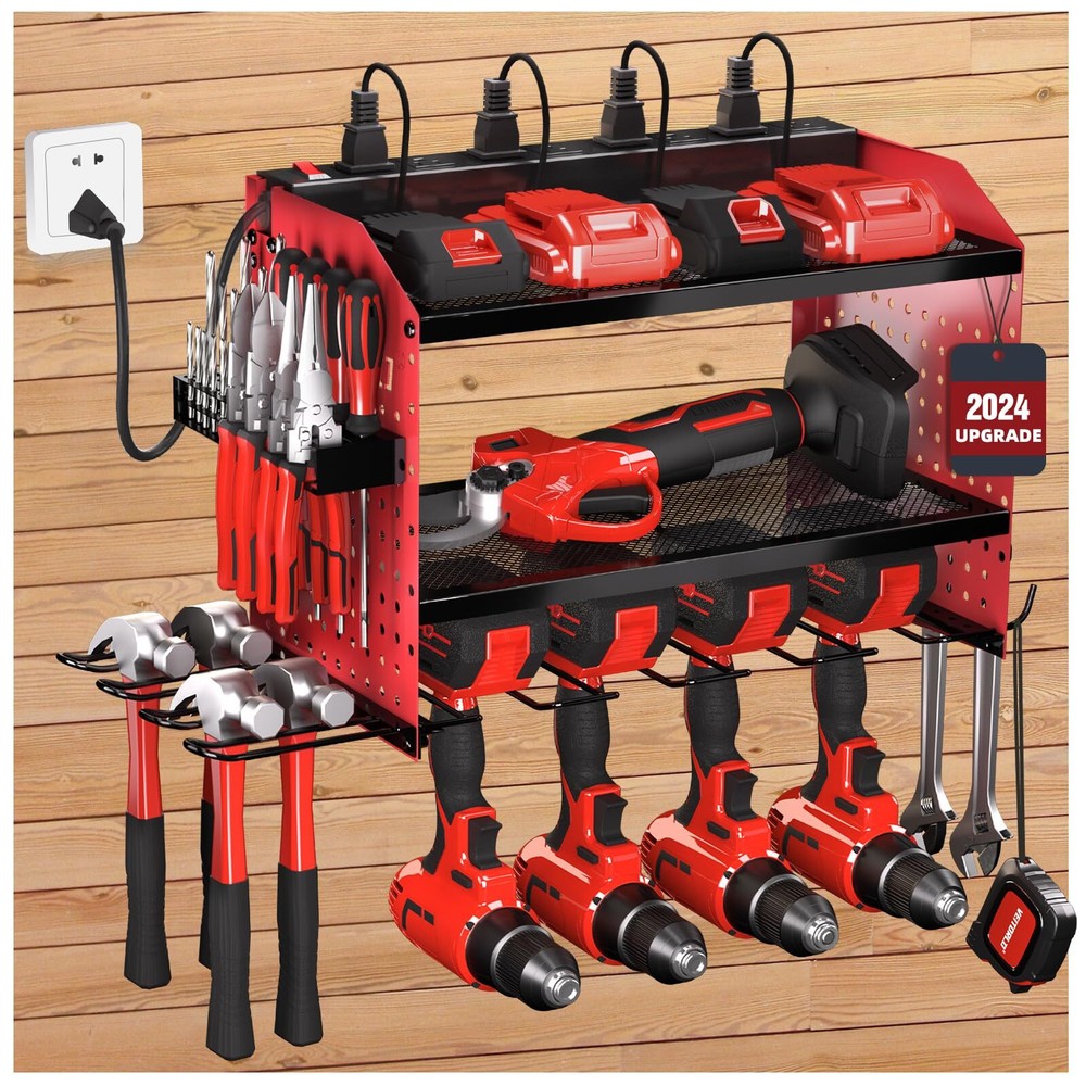 Heavy-Duty Power Tool Organizer with 4 Drill Holders and Built-In Charging Station