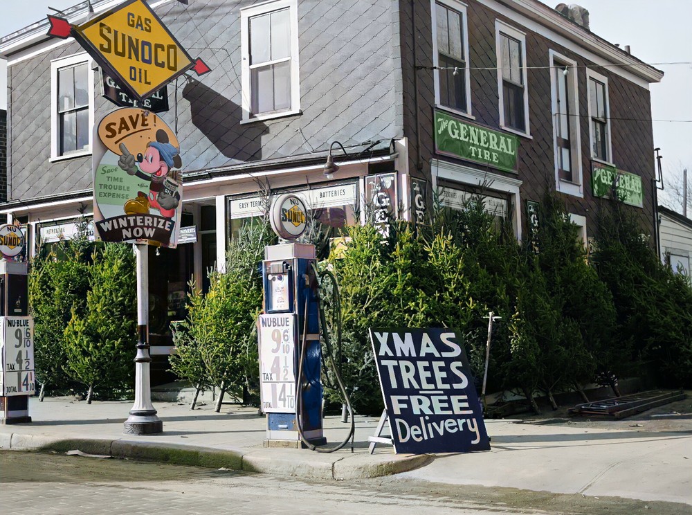 1940 Christmas trees for sale at a gas station   14 x 11