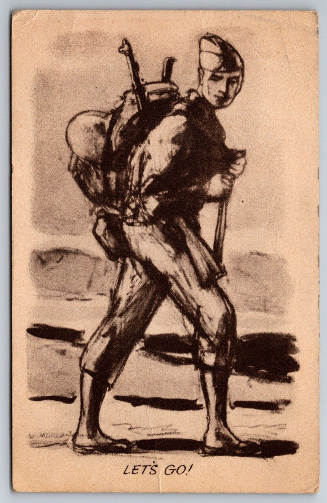 C1947 WWII Sketch Drawing Soldier On Hike Full Pack Ready Maneuvers Postcard