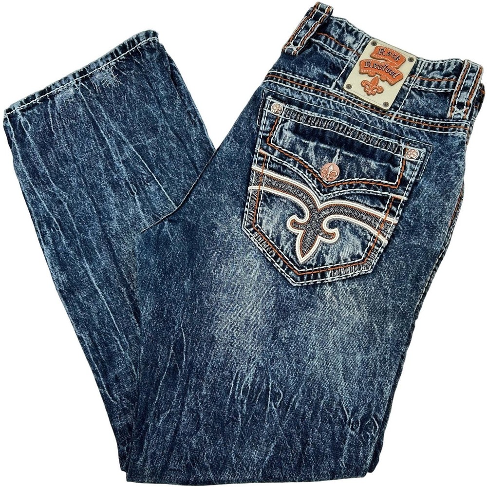 Men's Distressed Rock Revival Ecton Straight Volcano Stitch Blue Denim Jeans