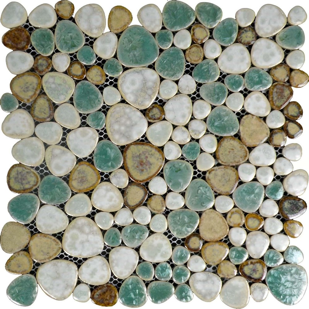 Pebble Porcelain Mosaic Glossy Tile in Aqua Cream Brown