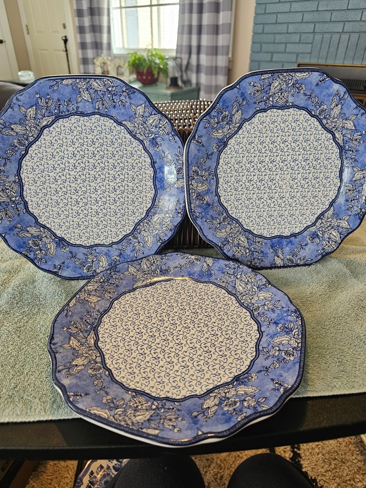 Set of 3 Certified International Jackie Von Tobel Blue and White Plates saucers