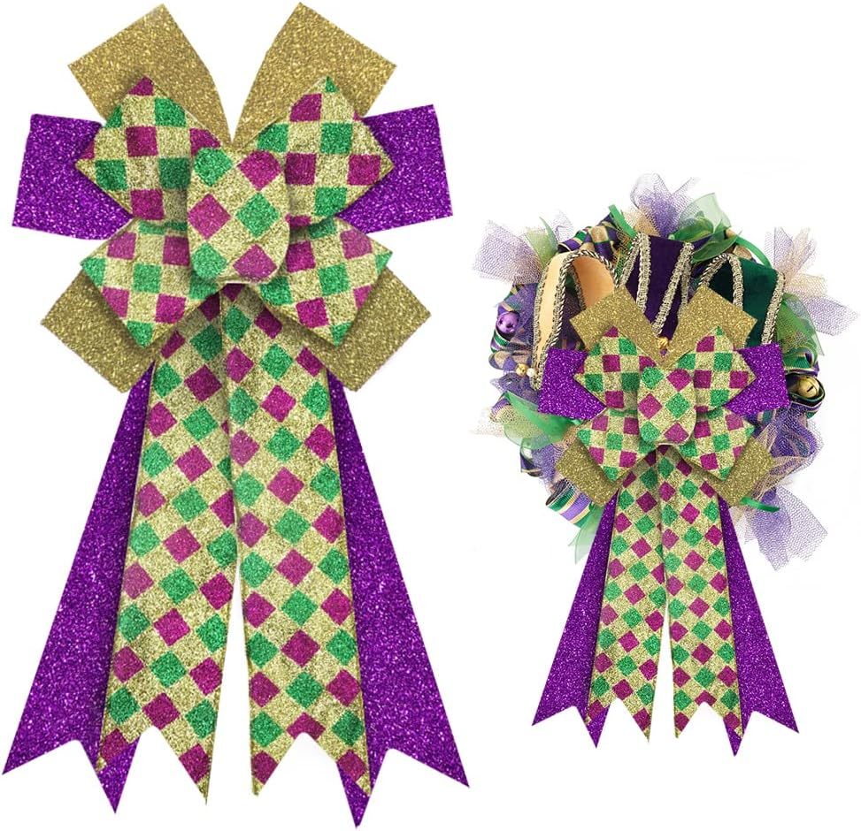 Large Mardi Gras Bows for Wreaths, Mardi Gras Wreath Bows, Glitter Purple Gold G