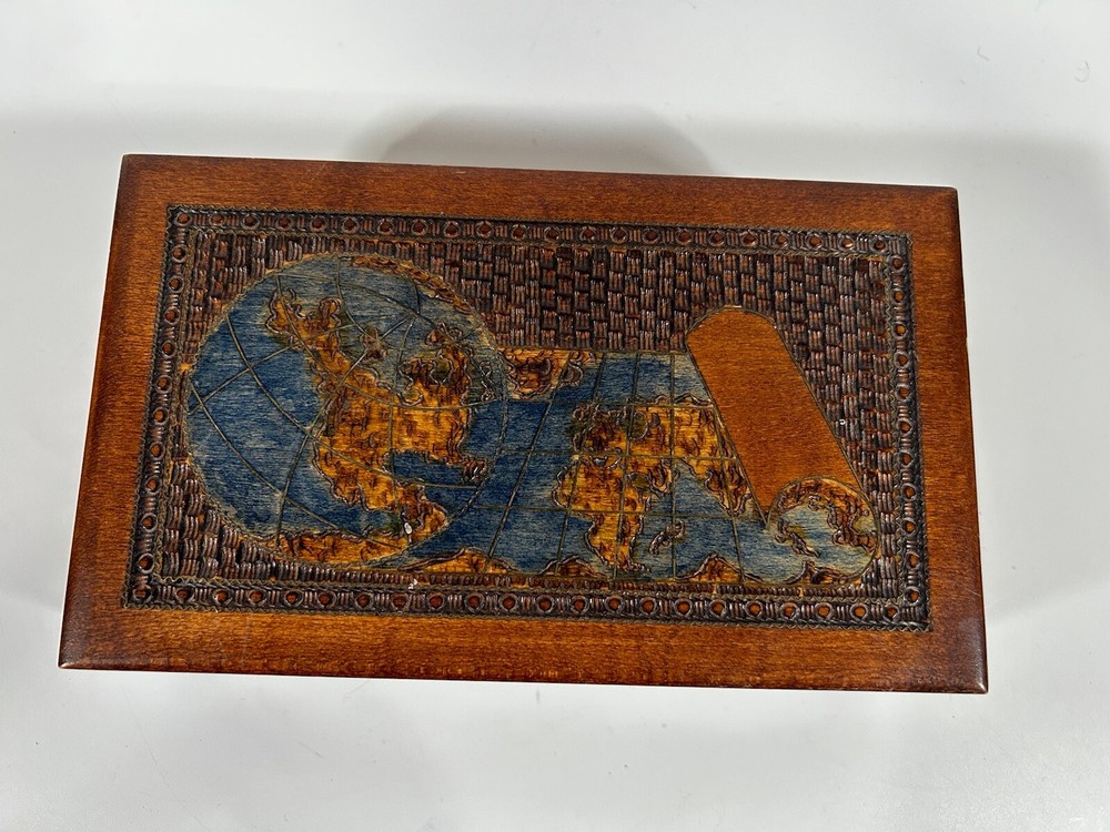 Wooden Rectangle Handcarved Etched Box Old World Map Poland Made Hinged