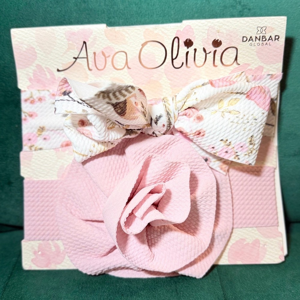 Ava Olivia Danbar Global Floral Bow Pink Rose Baby Headband Set