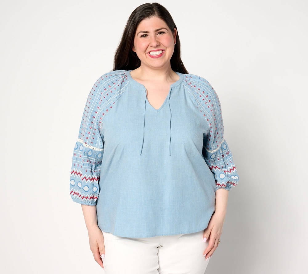 Denim & Co. Women's Top Plus Sz 1X Canyon Retreat Split Neck w Blue A636405