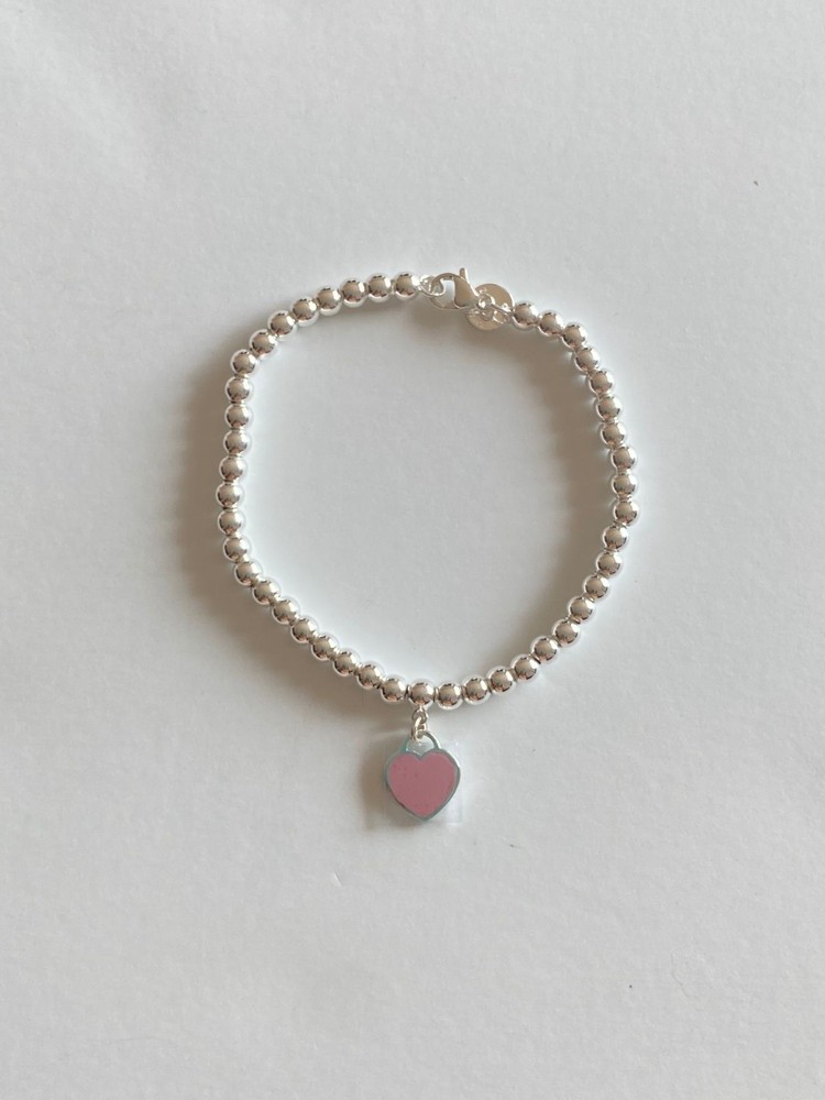 Tiffany Silver Pink Heart Tag Bead Bracelet 18cm