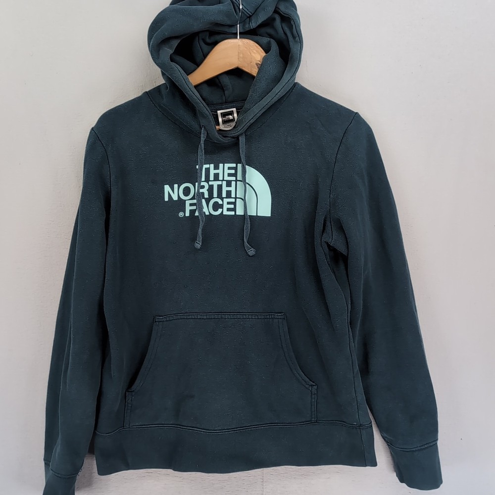 The North Face Womens Pullover Hoodie Green Medium Logo Graphic Kangaroo Pocket