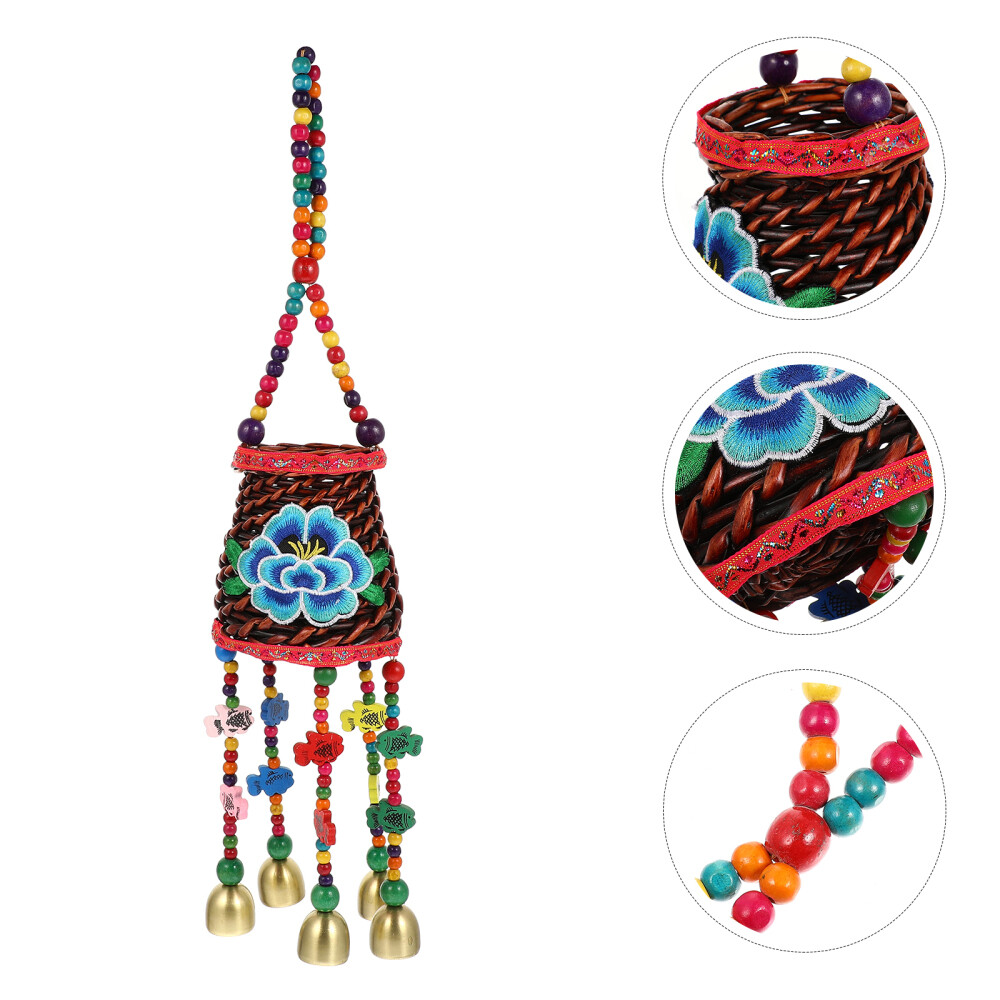 Rattan Flower Basket Chimes Outdoor Decor Hanging Planter with Bells Pot