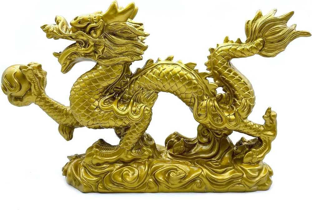 Large Gold Dragon Figurines - 13-Inch Feng Shui Decor for Fortune & Protection